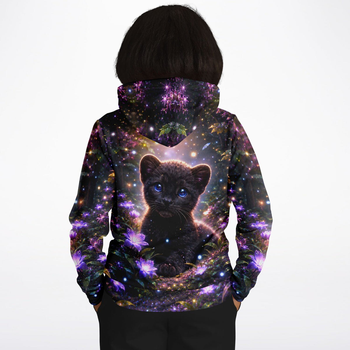Dreamer Hoodie Ruf aus der Tiefe mit niedlichem schwarzem Panther-Baby, magischer Blumen-Wald und Glitzereffekt