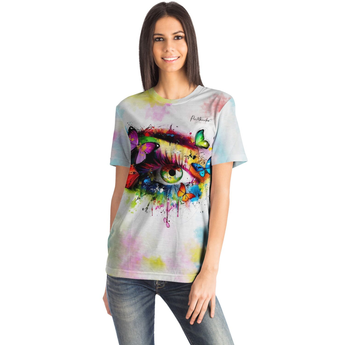 Frau trägt ein T-Shirt mit farbenfrohem Auge-und-Schmetterling-Kunstmotiv im Stil unserer Diamond Painting Designs