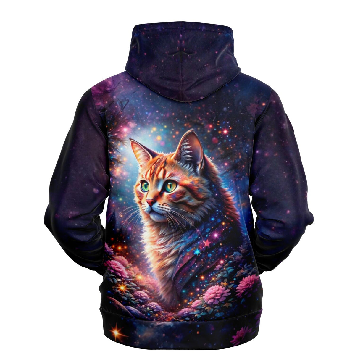 Dreamer Hoodie Sternenpfote mit mystischem Katzen-Motiv in Weltraum-Optik und leuchtenden Sterneneffekten
