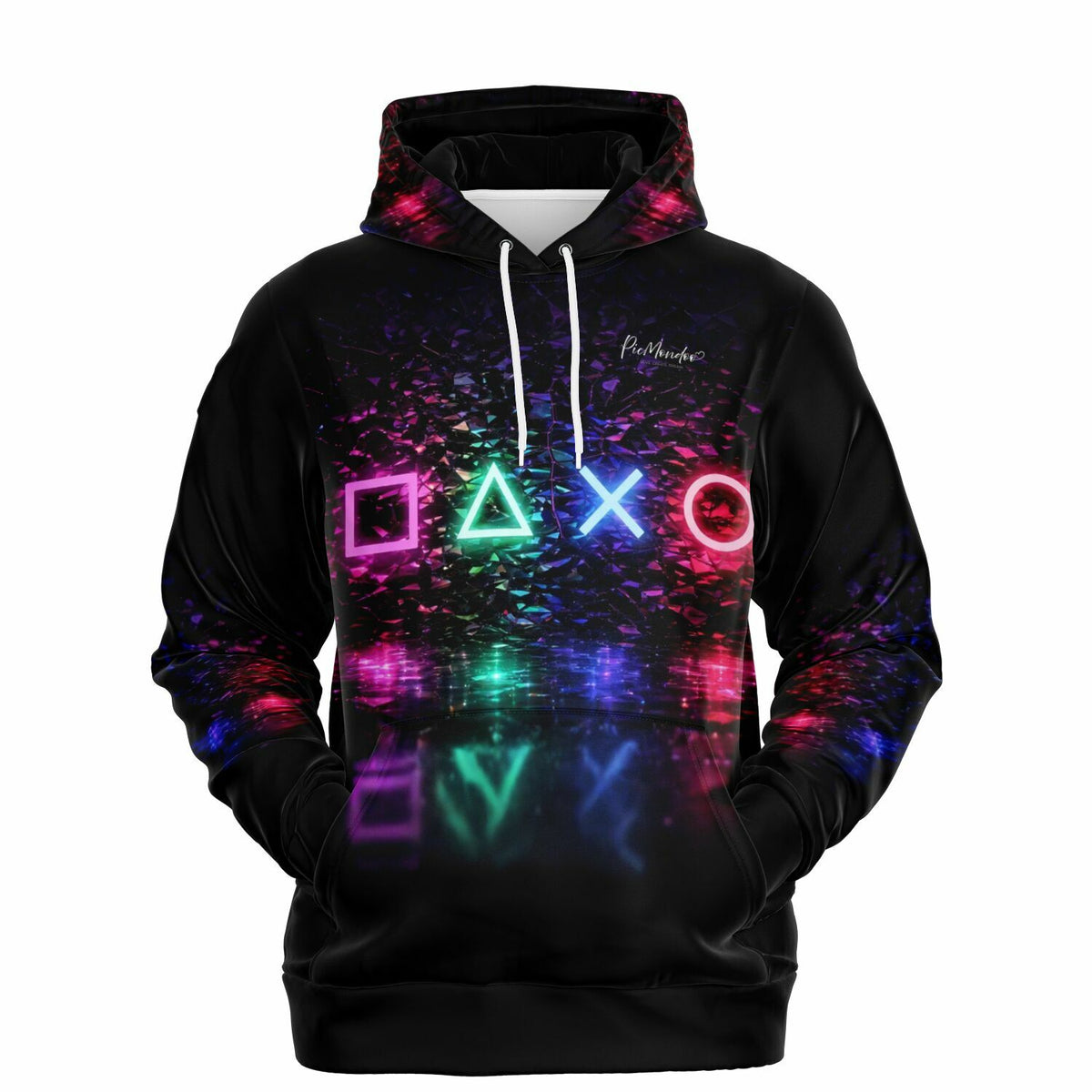 Schwarzer Gamer-Hoodie mit neonfarbenen Controller-Symbolen und reflektierendem Diamond Painting Effekt Design