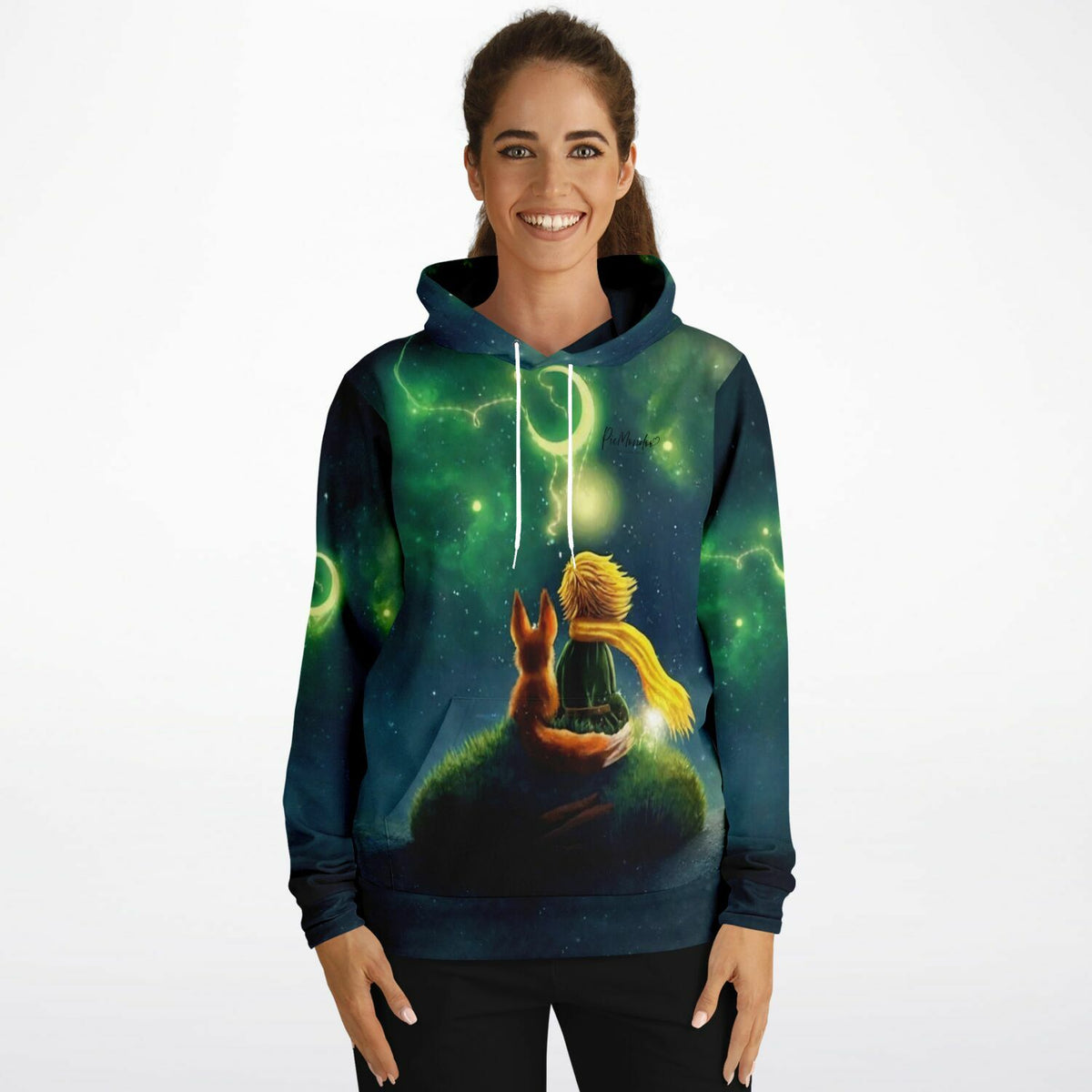 Dreamer Hoodie mit Leuchtbild-Motiv kleiner Prinz und Fuchs in grünem Nachthimmel für Diamond Painting Fans
