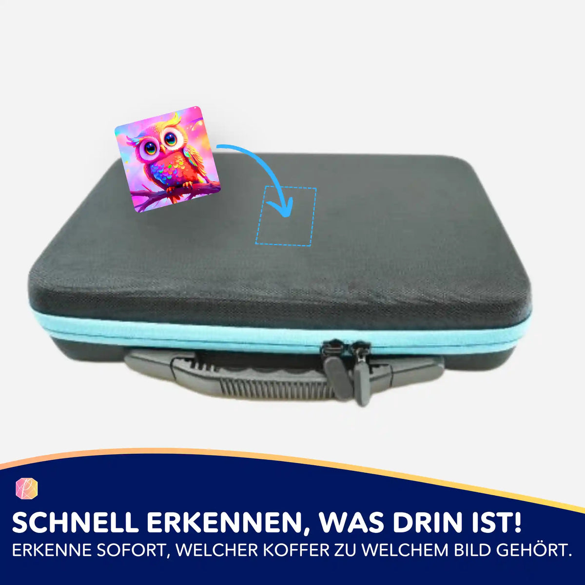 Bunter Eulen-Sticker aus dem Diamond Painting Zubehör-Set zur Organisation von Aufbewahrungskoffern für Bastelprojekte.