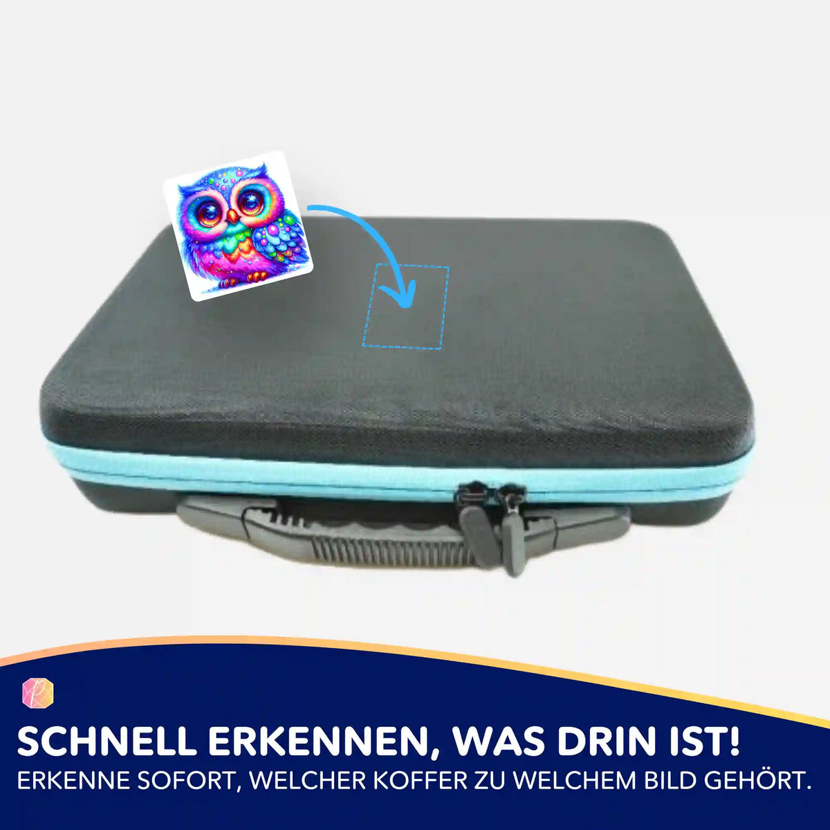 Bunter Eulen-Aufkleber für Diamond Painting Koffer zur Organisation von Bastelzubehör und Diamanten Painting Sets.