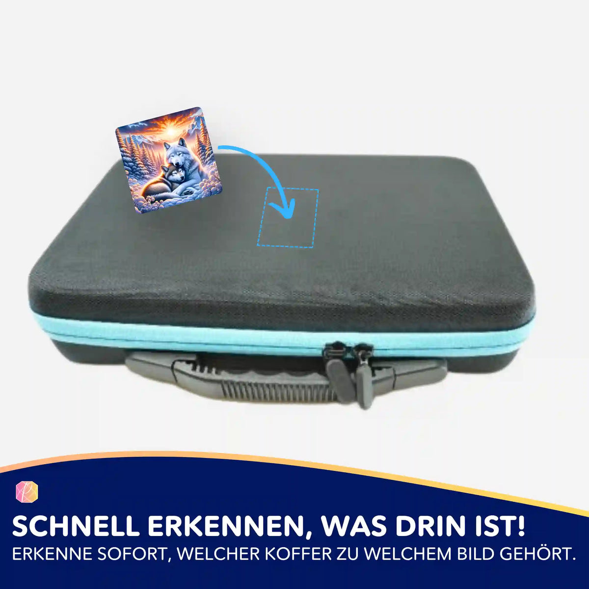 Diamond Painting Aufkleber Wolfliebe im Sonnenaufgang zur Kennzeichnung von Zubehörkoffern für dein DIY-Hobby