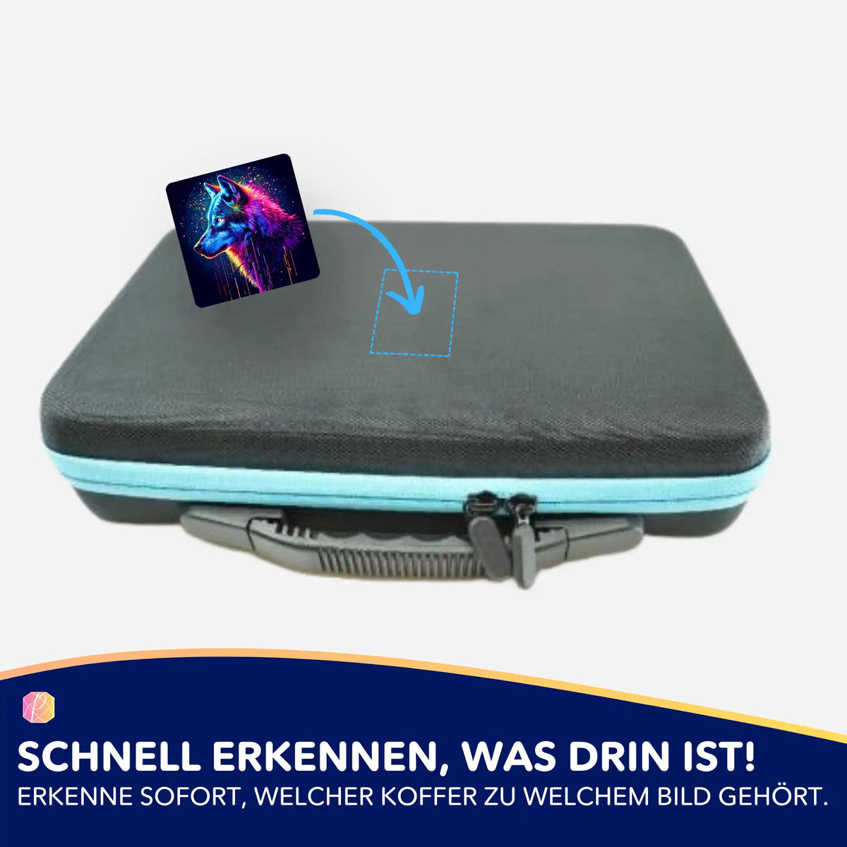 Farbiger Wolf-Aufkleber zur Organisation von Diamond Painting Koffern und Bastelzubehör für kreative Projekte.