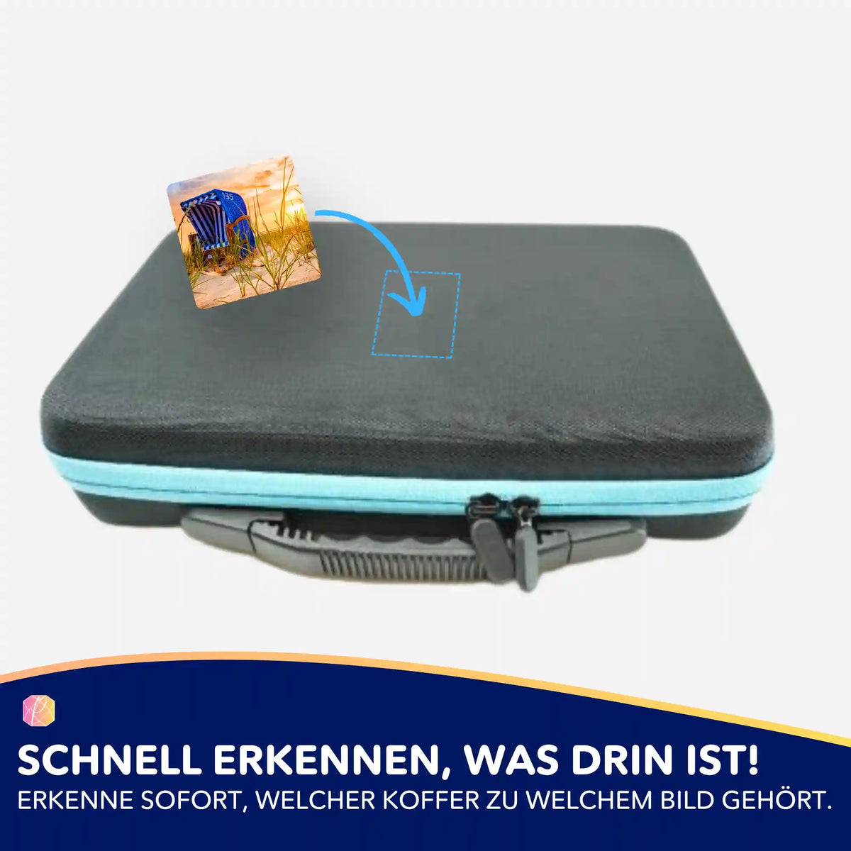 Picmondoo Aufkleber-Set für Diamond Painting Koffer, zur Organisation von Strand-Motiven am Zubehörkoffer.