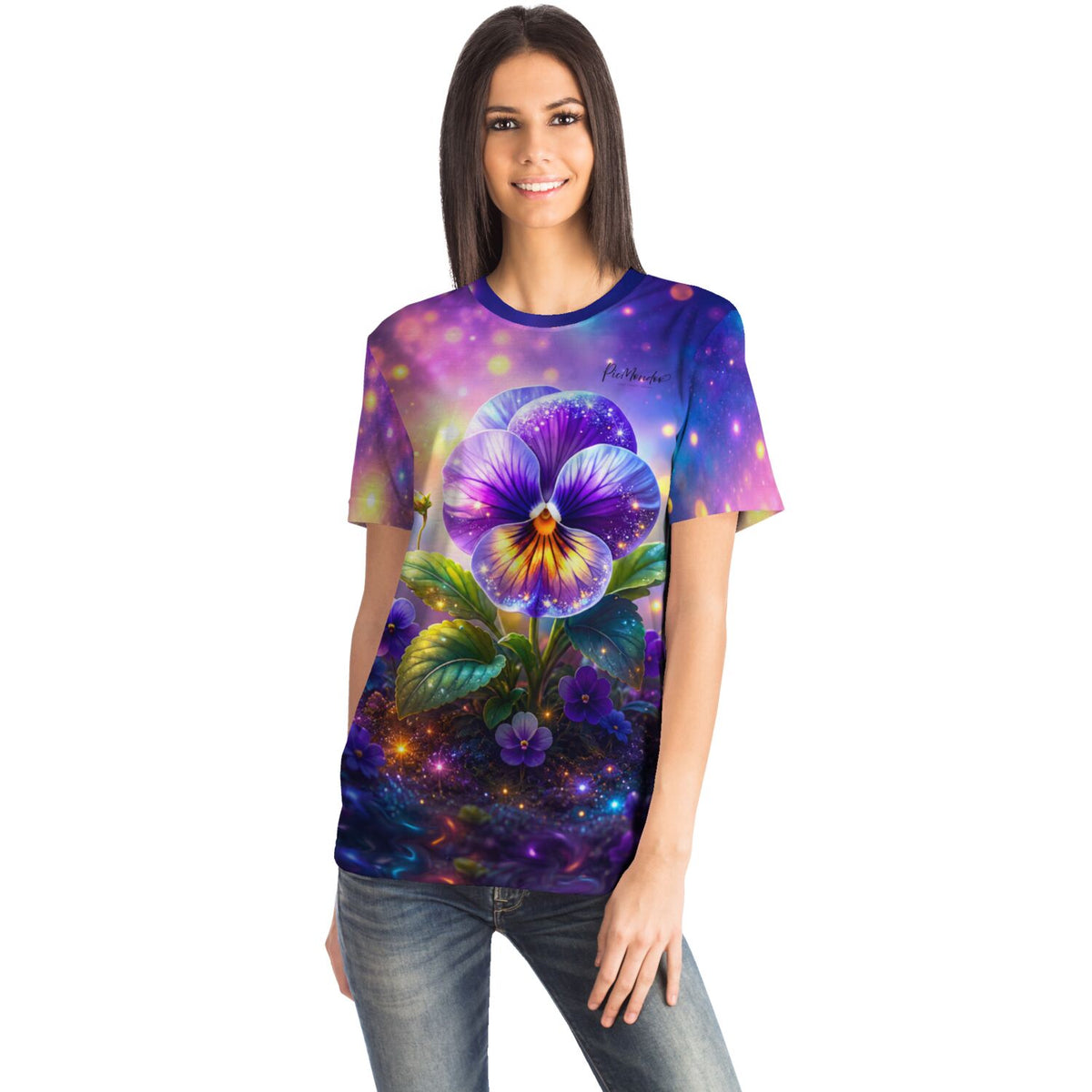 Frau trägt T-Shirt mit Sternenveilchen-Motiv im Stil von Diamond Painting und Malen nach Zahlen Kunstwerken