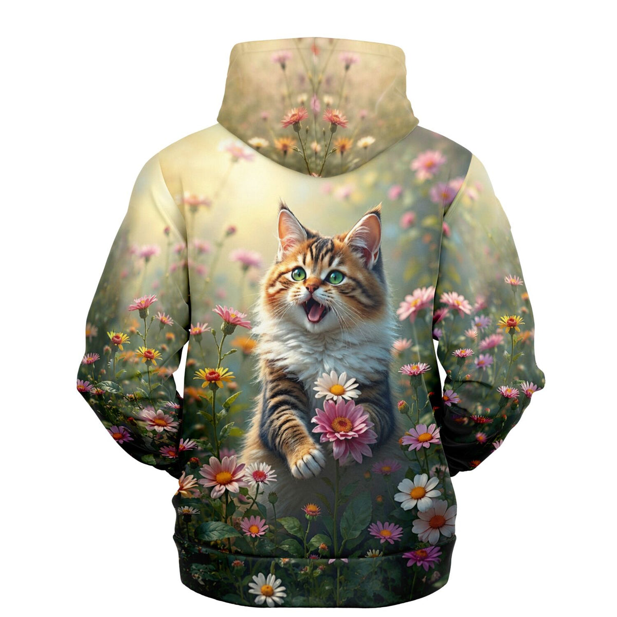 Dreamer Hoodie Lucy mit süßem Katzen-Motiv in bunter Blumenwiese, ideal für Fans von Malen nach Zahlen und Diamond Painting