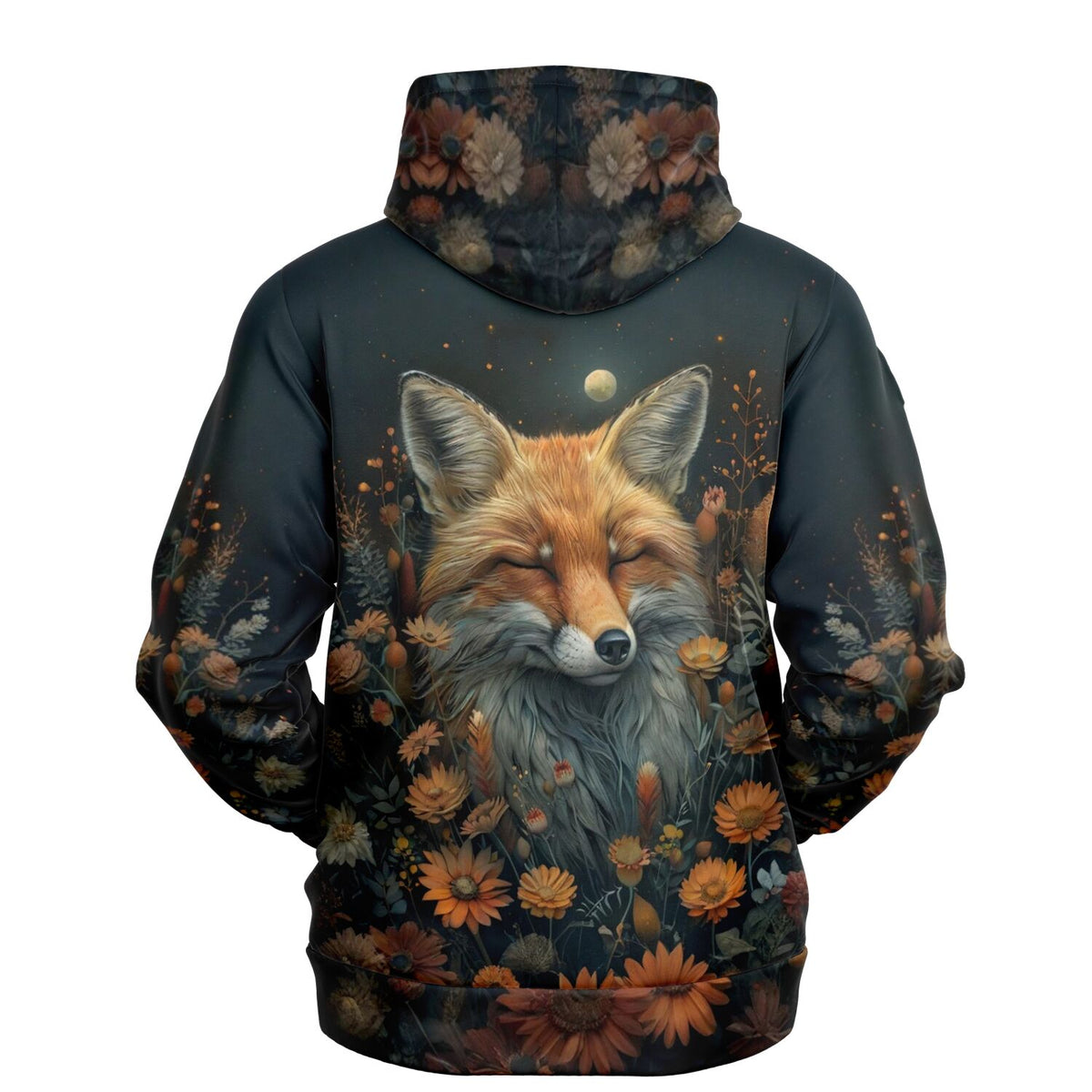 Dreamer Hoodie mit Fuchs-Motiv, inspiriert von Diamond Painting Natur-Designs mit Blumen und Mondschein auf dunklem Grund.