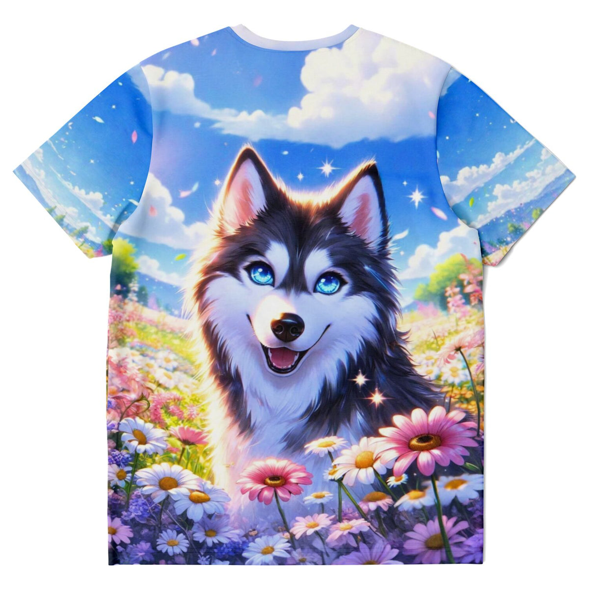 Dreamer T-Shirt Sommerblick: T-Shirt mit Husky-Motiv in Blumenwiese, ideal für Fans von Diamond Painting und Malen nach Zahlen