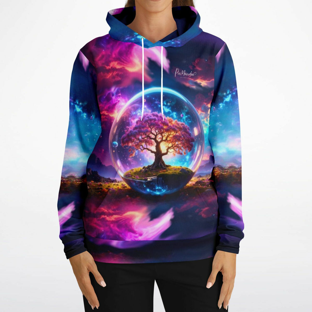 Dreamer Hoodie Arbor Eternis mit farbenfrohem Baum im Glaskugel-Design als stylisches Statement für Kreative