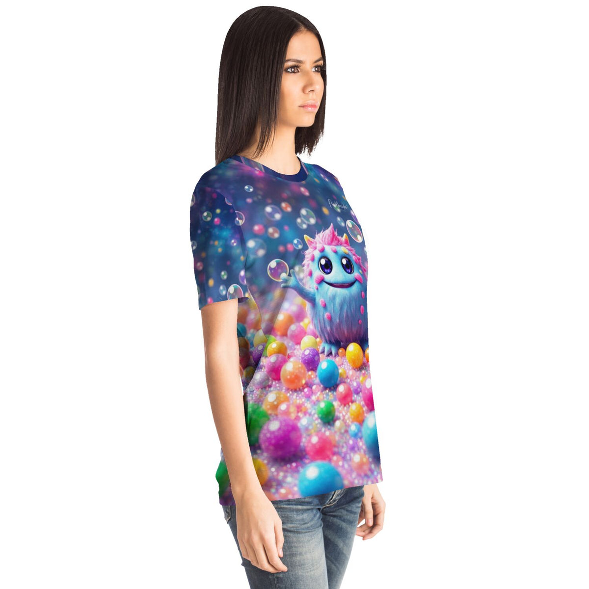 Frau trägt Dreamer T-Shirt mit buntem Muffti-Motiv, inspiriert von Diamond Painting Welten und farbenfrohen Perlen