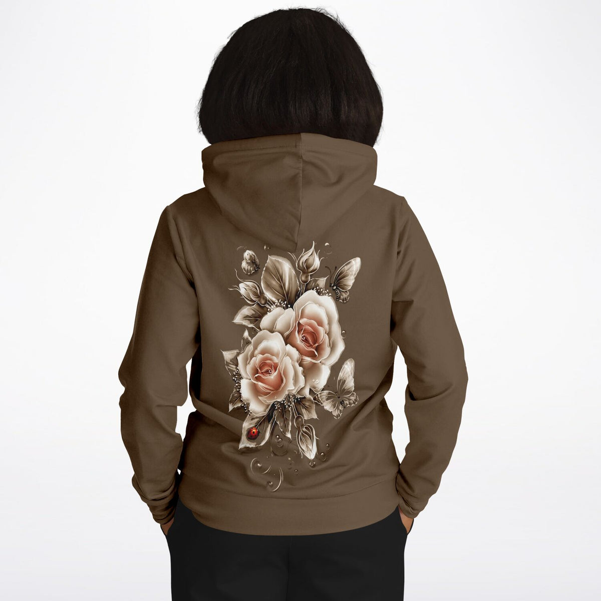 Brauner Hoodie mit künstlerischem Motiv aus goldenen Rosen und Schmetterlingen auf dem Rücken