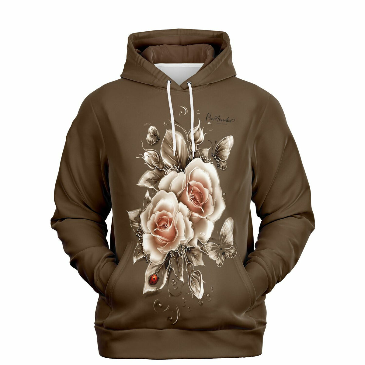 Brauner Dreamer Hoodie mit edlem Rosen-Motiv, Schmetterlingen und Marienkäfer im Stil unserer Diamond Painting Designs