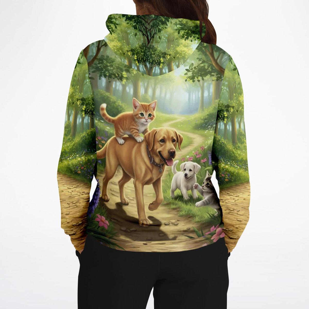 Dreamer Hoodie mit Waldspaziergang Motiv: Labrador und Kätzchen, ähnlich wie unsere beliebten Malen nach Zahlen Sets