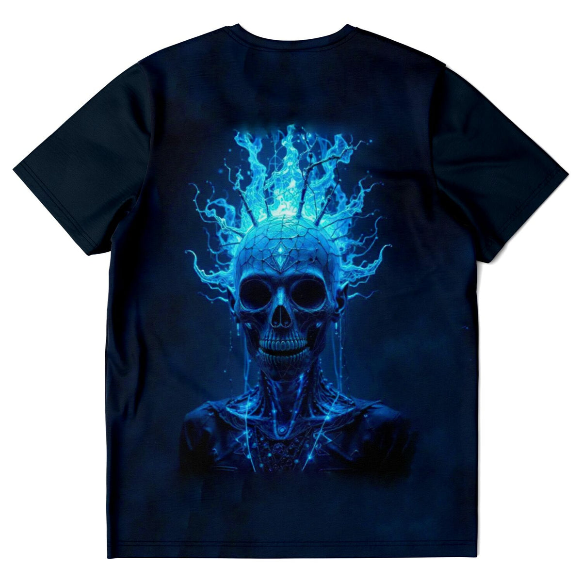 Schwarzes Dreamer T-Shirt mit leuchtendem Totenkopf-Motiv in blauem Cyberpunk-Design und Flammenoptik