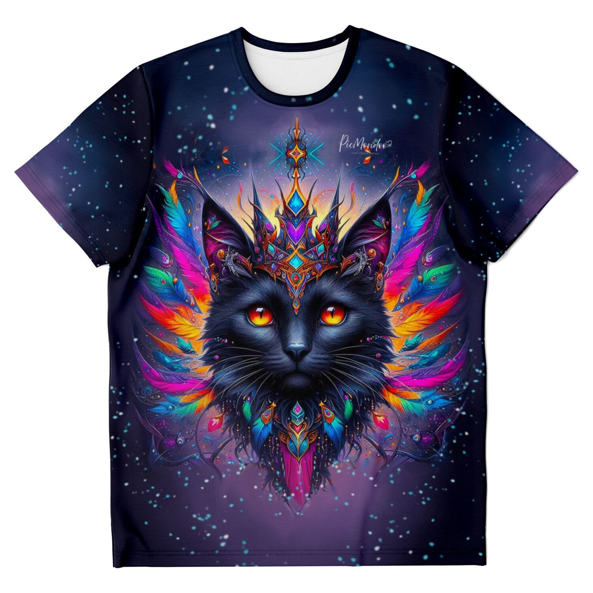 T-Shirt mit mystic colorsplash Katzen-Motiv in bunten Farben, passend zu Diamond Painting und Malen nach Zahlen Stil.