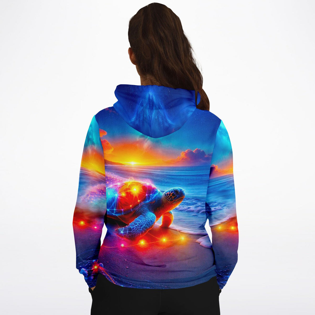 Hoodie mit leuchtendem Schildkröten-Motiv im Stil von Diamond Painting Kunst am Strand bei Sonnenuntergang