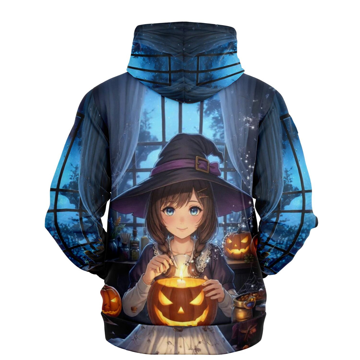 Dreamer Hoodie mit Little Sabrina Anime-Motiv, Hexe mit Kürbis-Laterne im Halloween-Design für Fans kreativer Kunst.