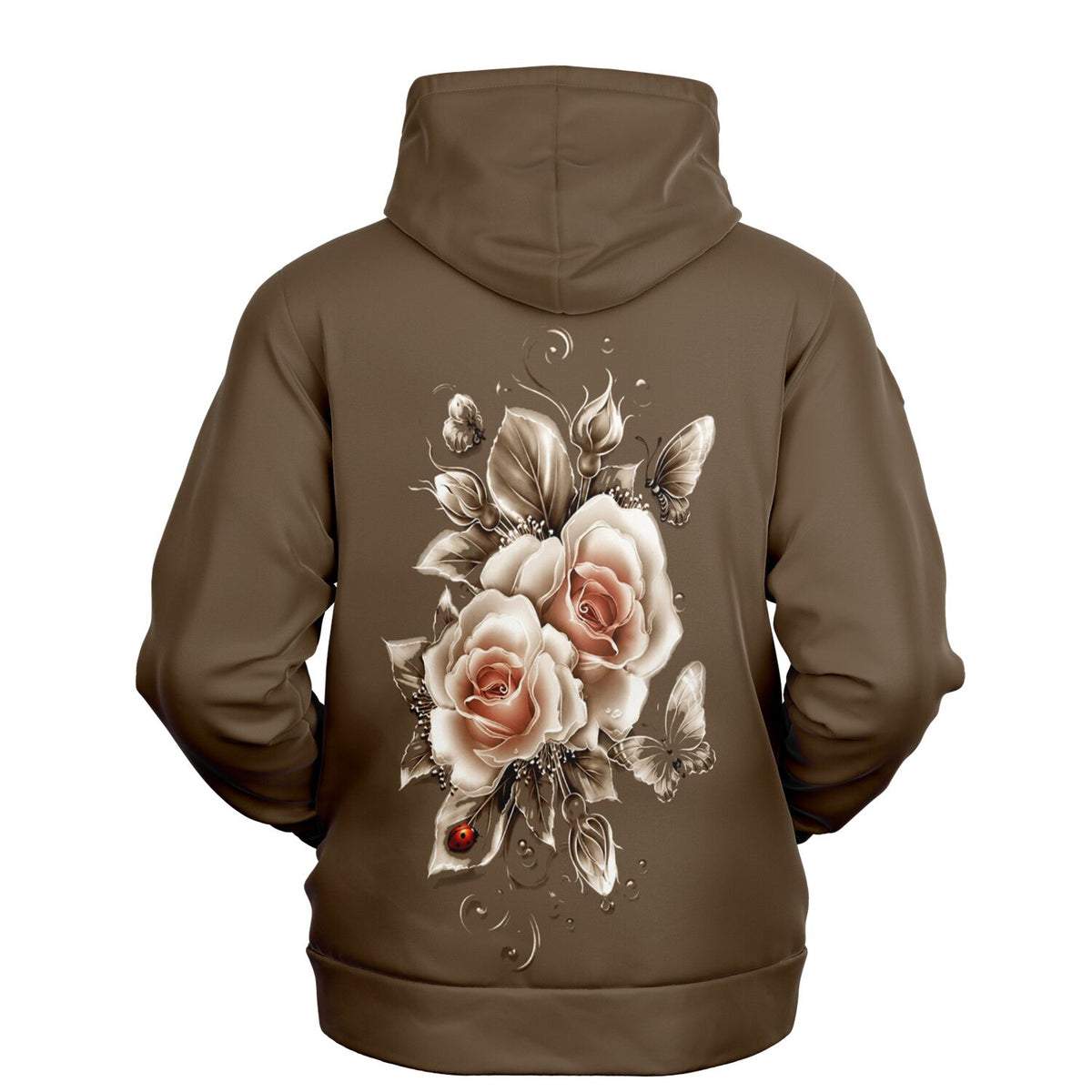 Brauner Hoodie mit künstlerischem Motiv aus goldenen Rosen, Schmetterlingen und Marienkäfer im Diamond Painting Look