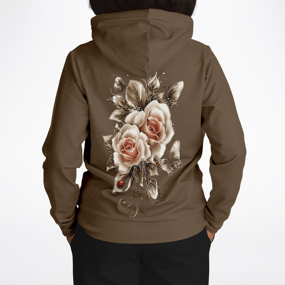 Brauner Hoodie mit künstlerischem Motiv blühender goldener Rosen, filigranen Schmetterlingen und Marienkäfer auf dem Rücken