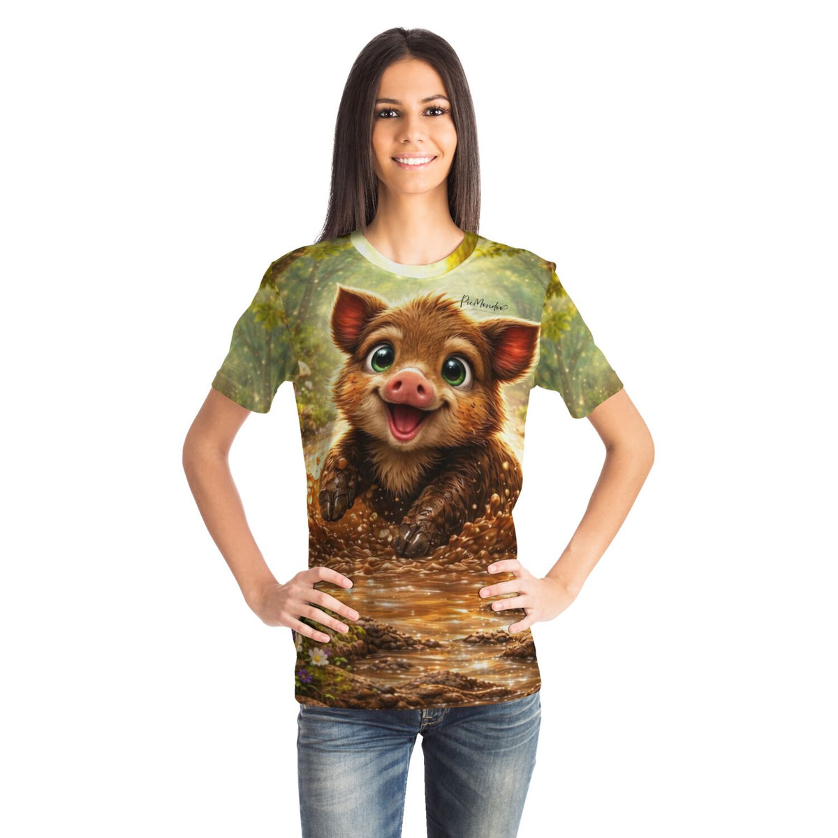 Frau trägt Dreamer T-Shirt mit süßem Wildschwein-Print, inspiriert von beliebten Malen nach Zahlen und Diamond Painting Motiven