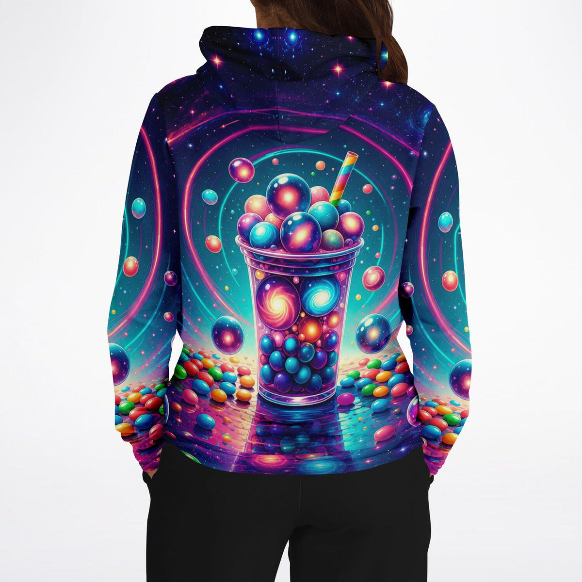 Dreamer Hoodie mit farbenfrohem Bubble Tea Universum Motiv und galaktischen bunten Kugeln im Allover-Print Design