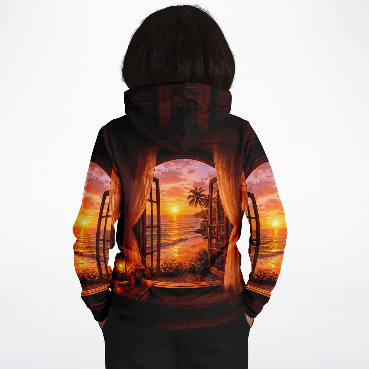 Dreamer Hoodie Goldene Stille mit tropischem Sonnenuntergang am Strand, AOP-Design, inspiriert von Malen nach Zahlen Kunst