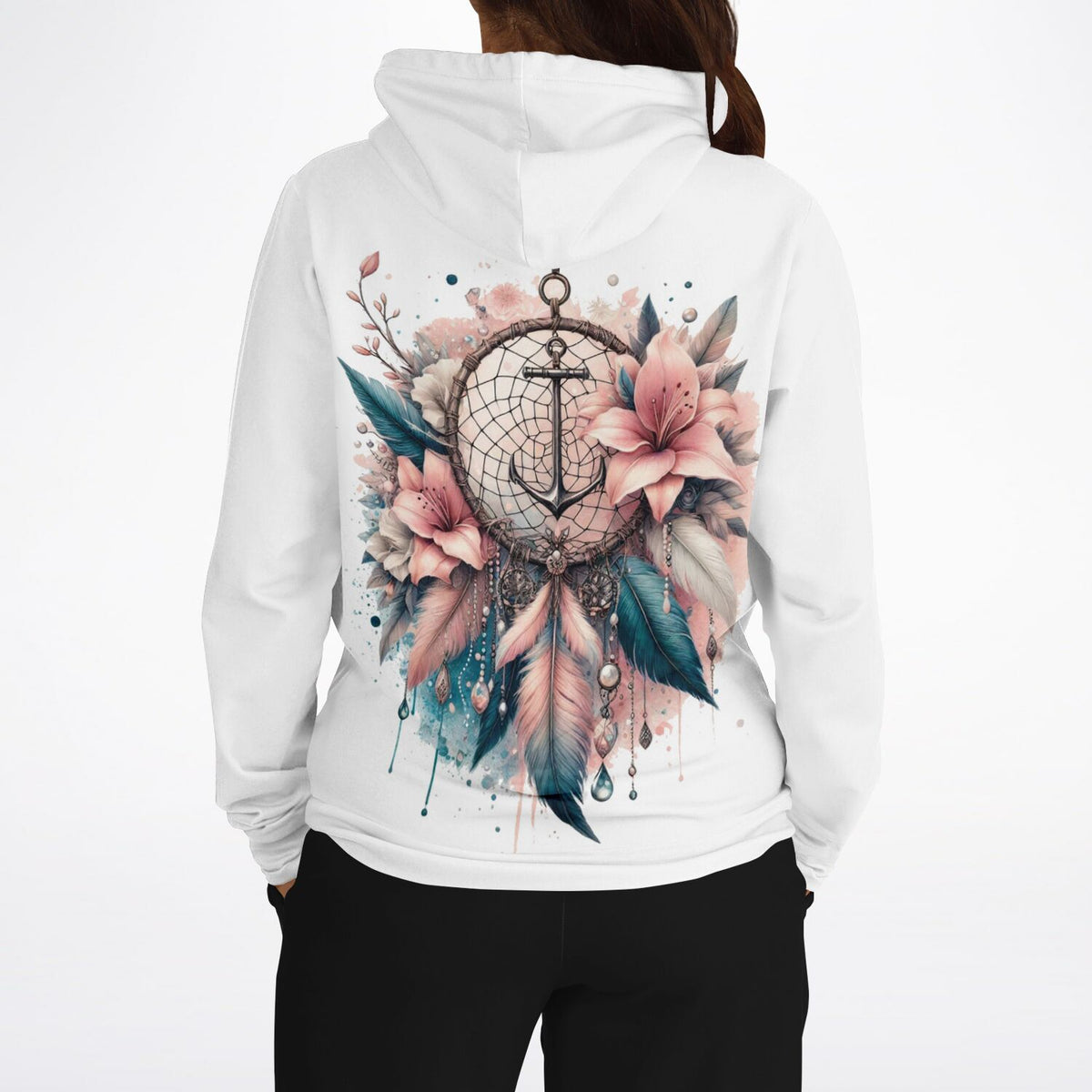 Weißer Hoodie mit Dream-Anker-Motiv: Traumfänger mit Anker, zarten Blumen und Federn im Aquarell-Stil