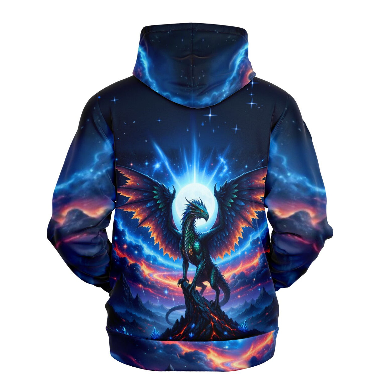Dreamer Hoodie Aetherion mit Drachenmotiv, Fullprint-Design in Blau und Orange für Fantasy-Liebhaber