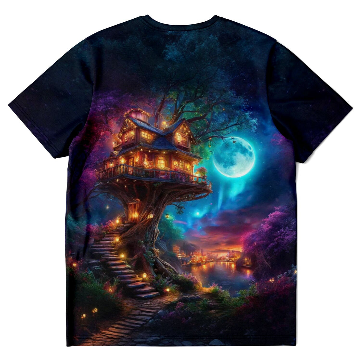 T-Shirt mit Sternhafen der Wanderer Motiv: Baumhaus bei Nacht, Vollmond und leuchtende Farben im Diamond Painting Stil
