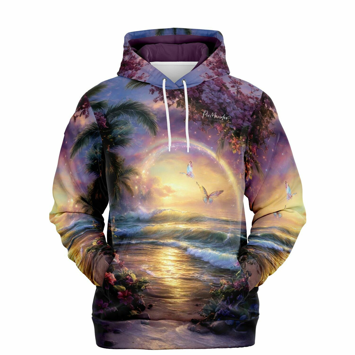 Dreamer Hoodie mit traumhaftem Strandmotiv, Regenbogen und Schmetterlingen im Stil von Diamond Painting Kunstwerken.