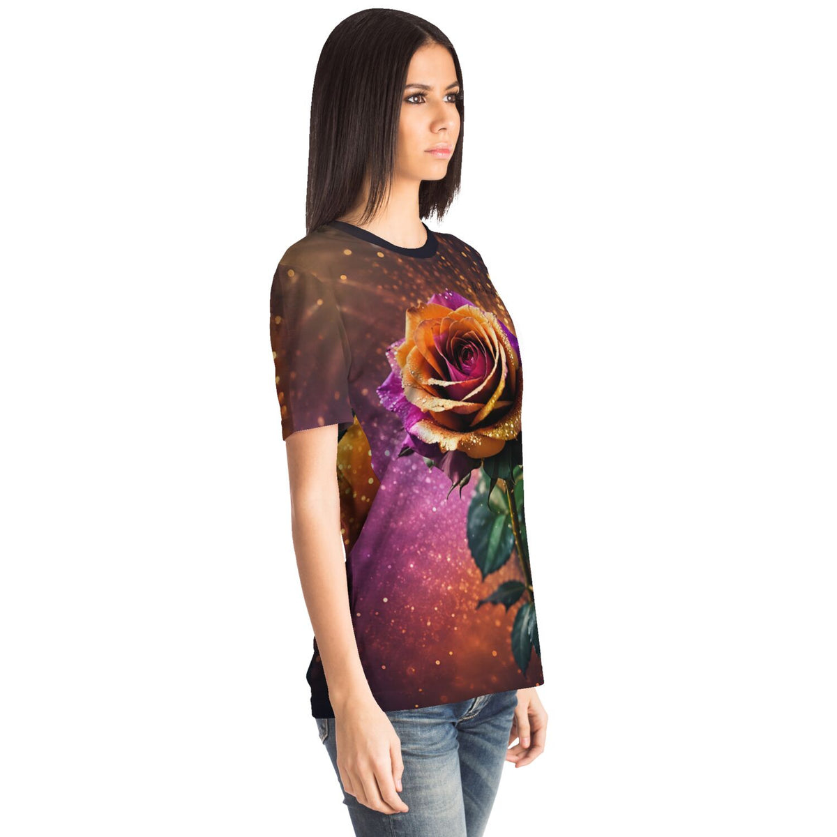 Frau trägt Dreamer T-Shirt mit buntem Rosen-Motiv, das an Diamond Painting und Malen nach Zahlen Kunstwerke erinnert