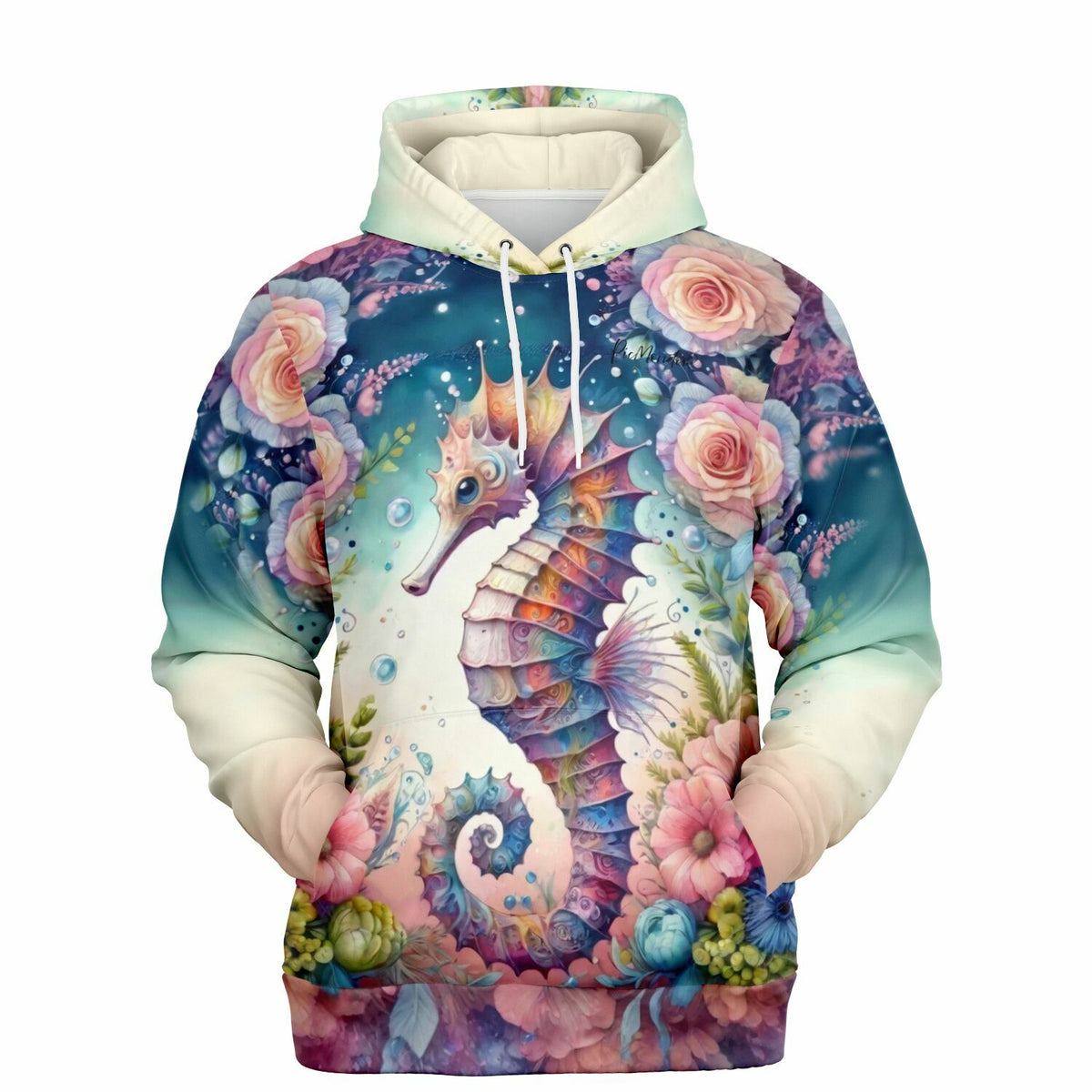Dreamer Hoodie mit farbenfrohem Seepferdchen und Blüten-Print im Stil beliebter Malen nach Zahlen Motive