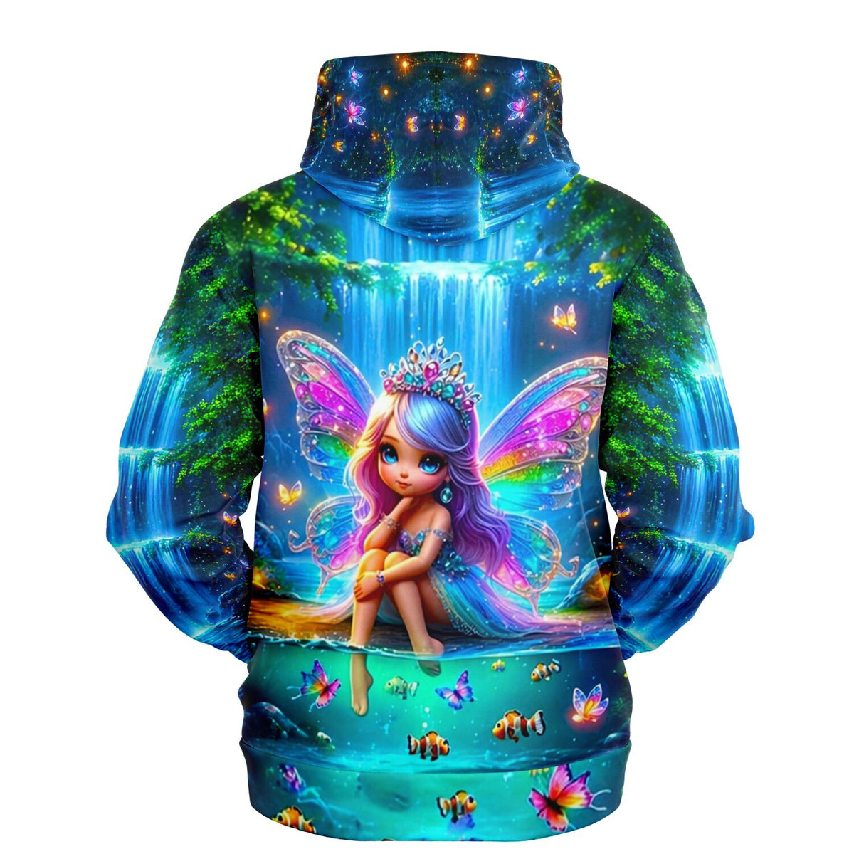 Dreamer Hoodie mit Elfen-Motiv am Wasserfall, inspiriert durch Design-Welten wie Diamond Painting und Malen nach Zahlen