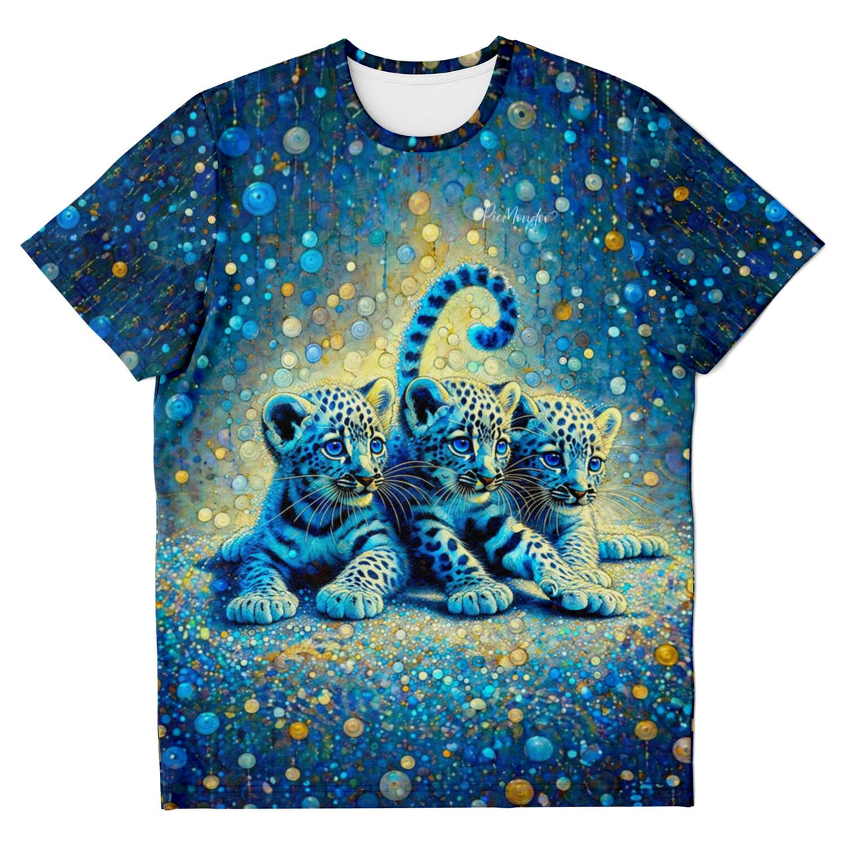 T-Shirt mit Leopardenbabys im Diamond Painting Stil, blaues Motiv mit leuchtenden Lichtpunkten für DIY-Fans