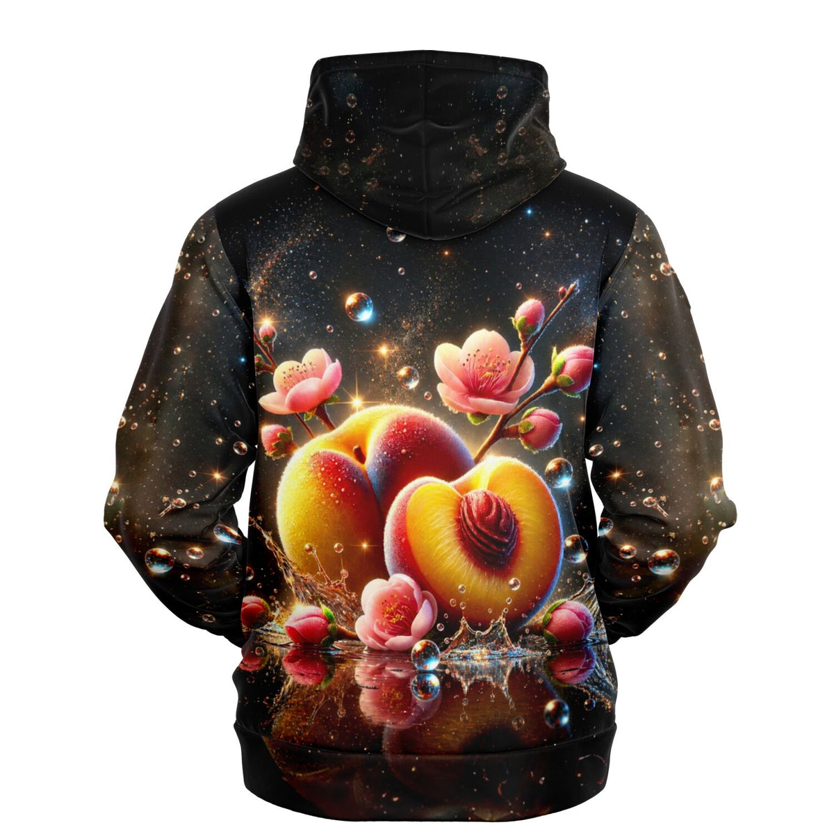 Schwarzer All-Over-Print Hoodie mit Pfirsich-Motiv, Blüten und Wassertropfen im Stil unserer Diamond Painting Designs