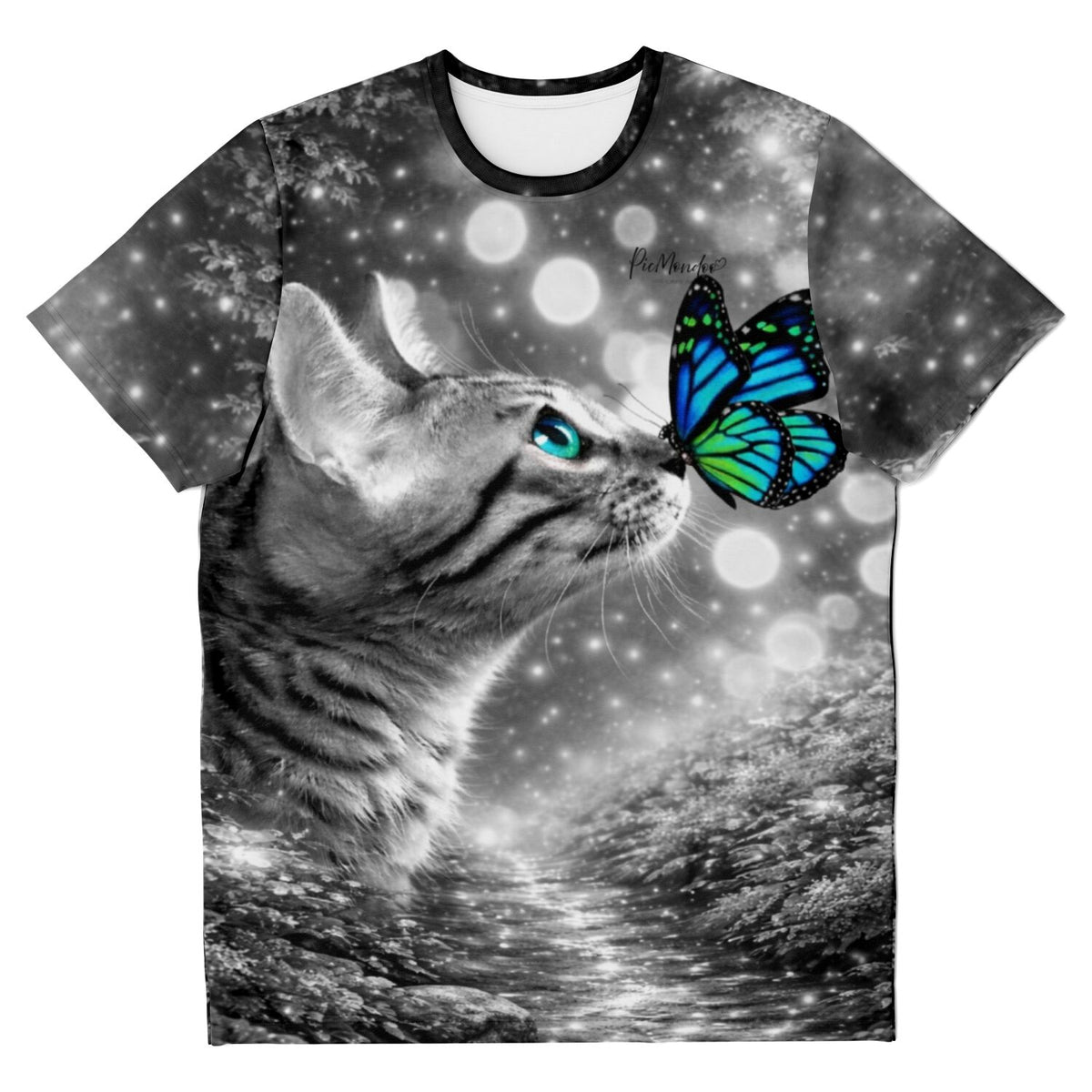 T-Shirt mit Katzen-Motiv und blauem Schmetterling im Stil von Diamond Painting Wandbildern für DIY-Fans