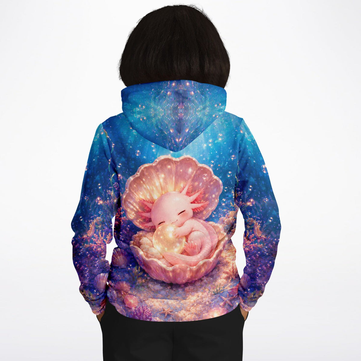 Hoodie mit süßem Axolotl in einer Muschel, Design inspiriert durch Diamond Painting und Malen nach Zahlen Motive