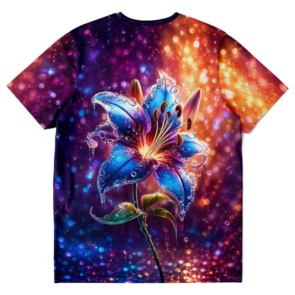 Dreamer T-Shirt Regenlied mit farbenfroher Lilie, Wassertropfen und funkelndem Bokeh-Effekt im Diamond Painting Stil