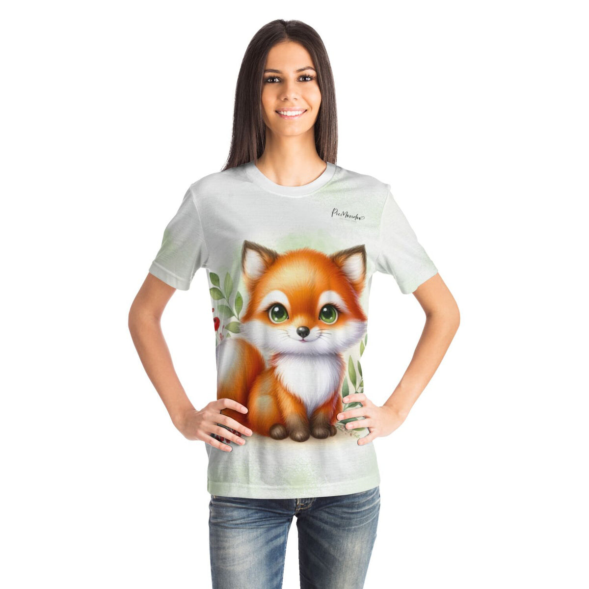 Frau trägt weißes T-Shirt mit niedlichem Freddy Füchschen Motiv – passend zu Diamond Painting und Malen nach Zahlen