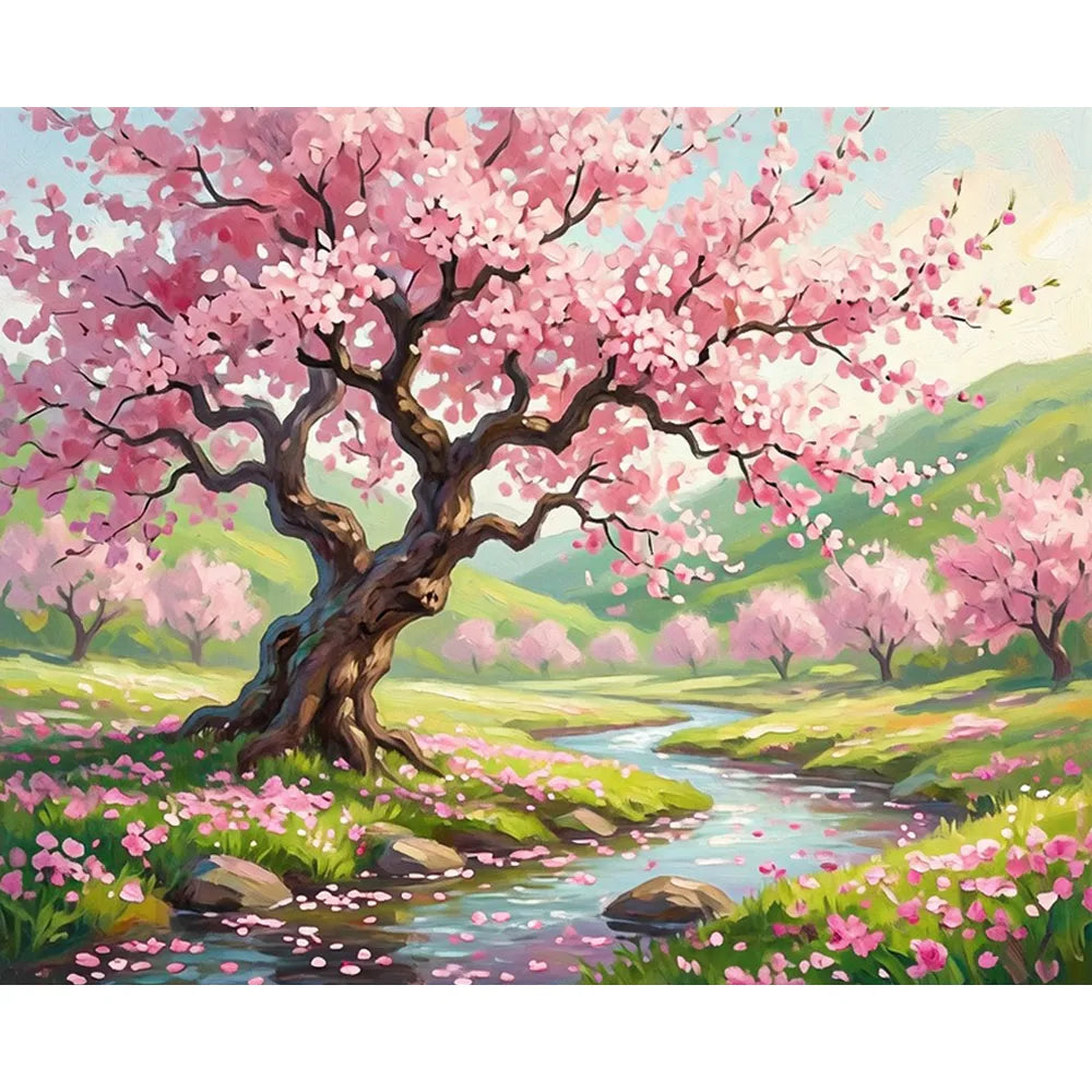 Malen nach Zahlen für Erwachsene: Frühlingslandschaft mit blühendem Kirschbaum und Bachlauf im picmundoo.comsign