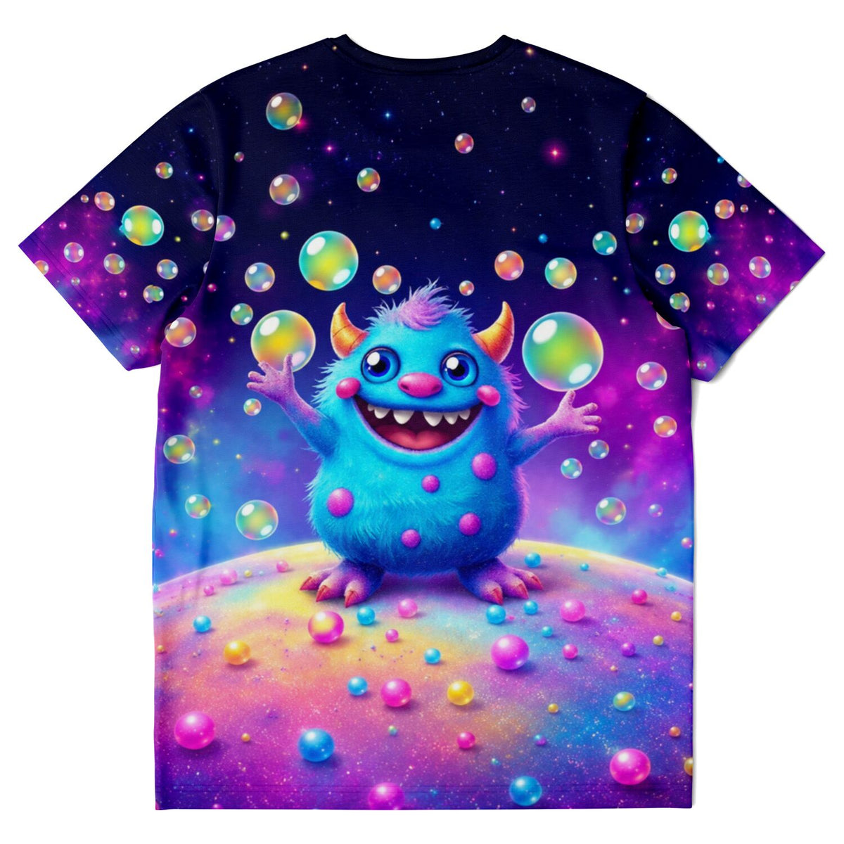 Dreamer T-Shirt mit blauem Monster-Motiv, bunten Seifenblasen und Sternenhimmel im farbenfrohen Design