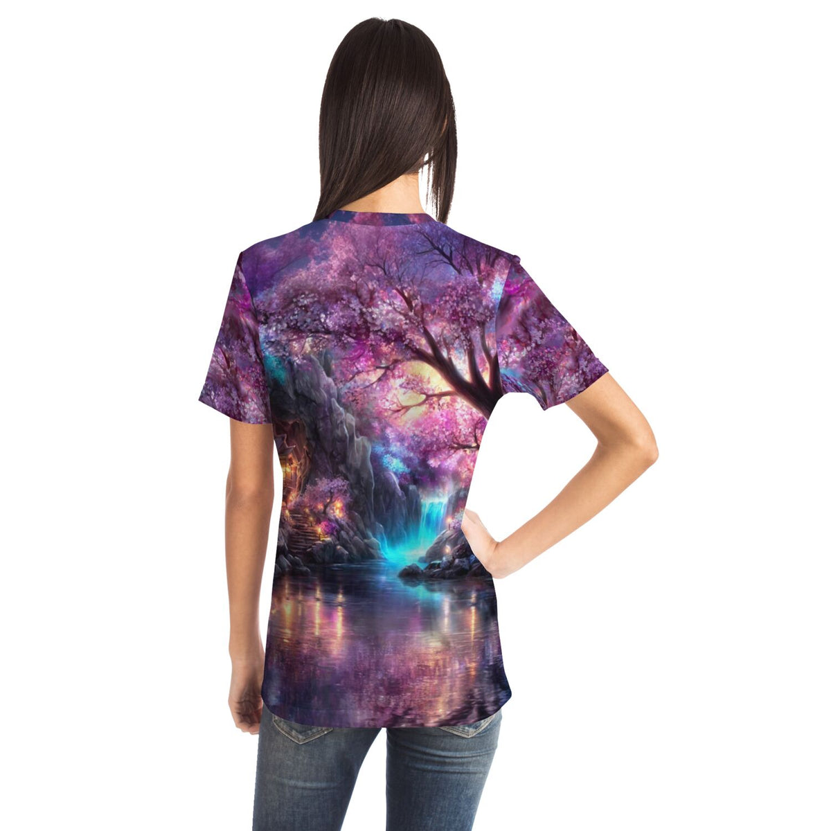 Dreamer T-Shirt mit Sakura Kirschblüten Landschaft, im Stil beliebter Diamond Painting und Malen nach Zahlen Motive