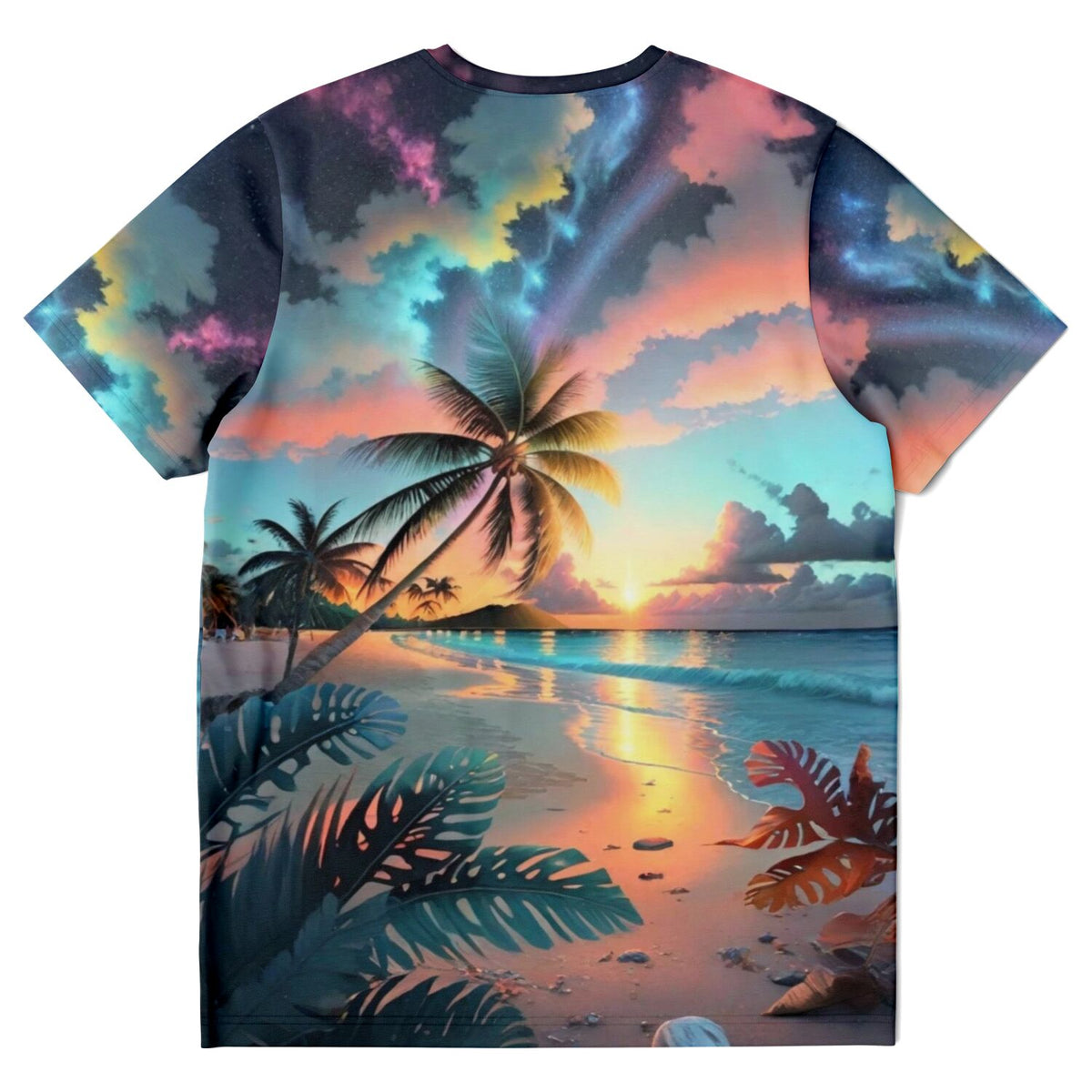 Dreamer T-Shirt mit buntem Palmen-Motiv am Strand, ästhetisch ansprechend wie ein Malen nach Zahlen Design für Erwachsene.