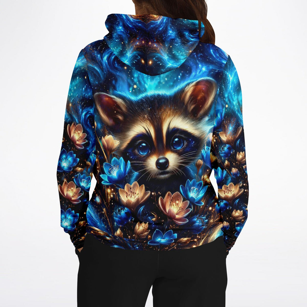Dreamer Hoodie mit Waschbär-Motiv und Blumen im Galaxie-Design, passend zu Diamond Painting und Malen nach Zahlen Stilen