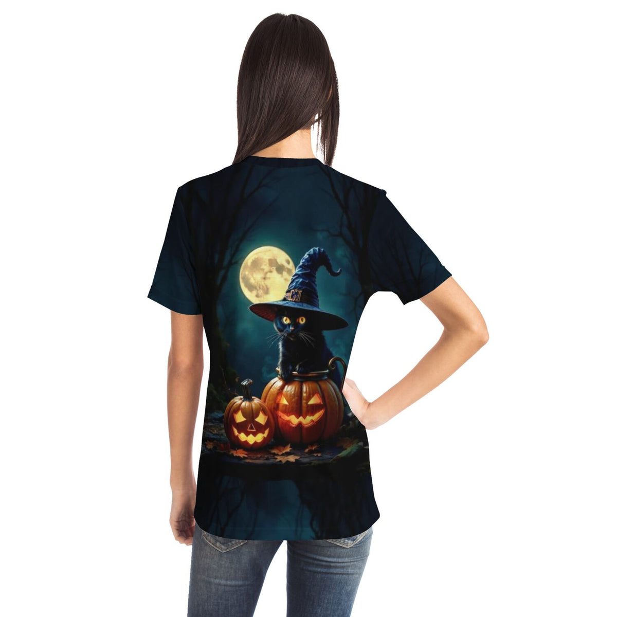 T-Shirt mit Wizard Cat Motiv, schwarze Katze mit Hexenhut und Kürbissen bei Vollmond, perfekt für Fans von Malen nach Zahlen
