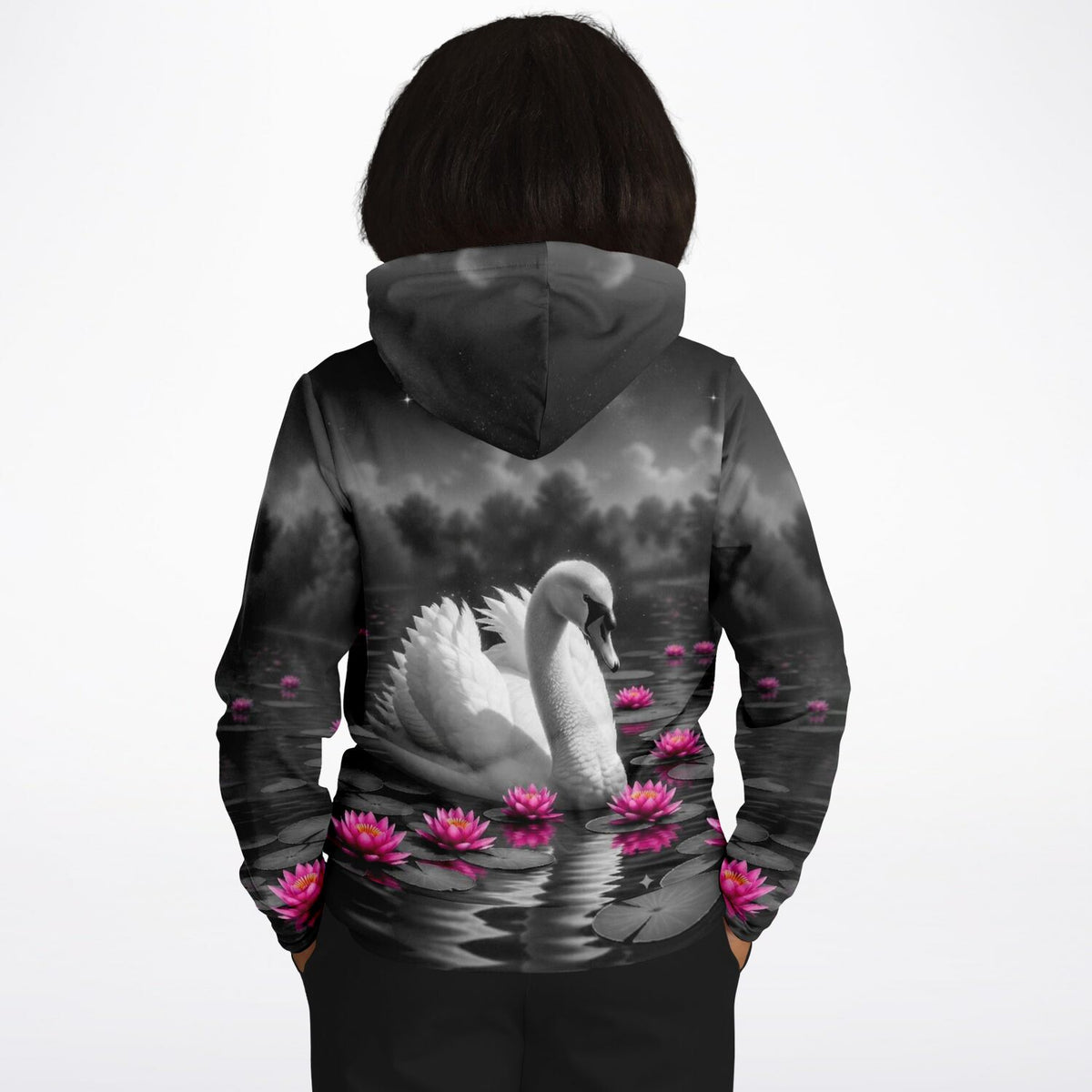 Dreamer Hoodie mit Schwan im Seerosensee Motiv, passend für Fans von Malen nach Zahlen und Diamond Painting Kunst