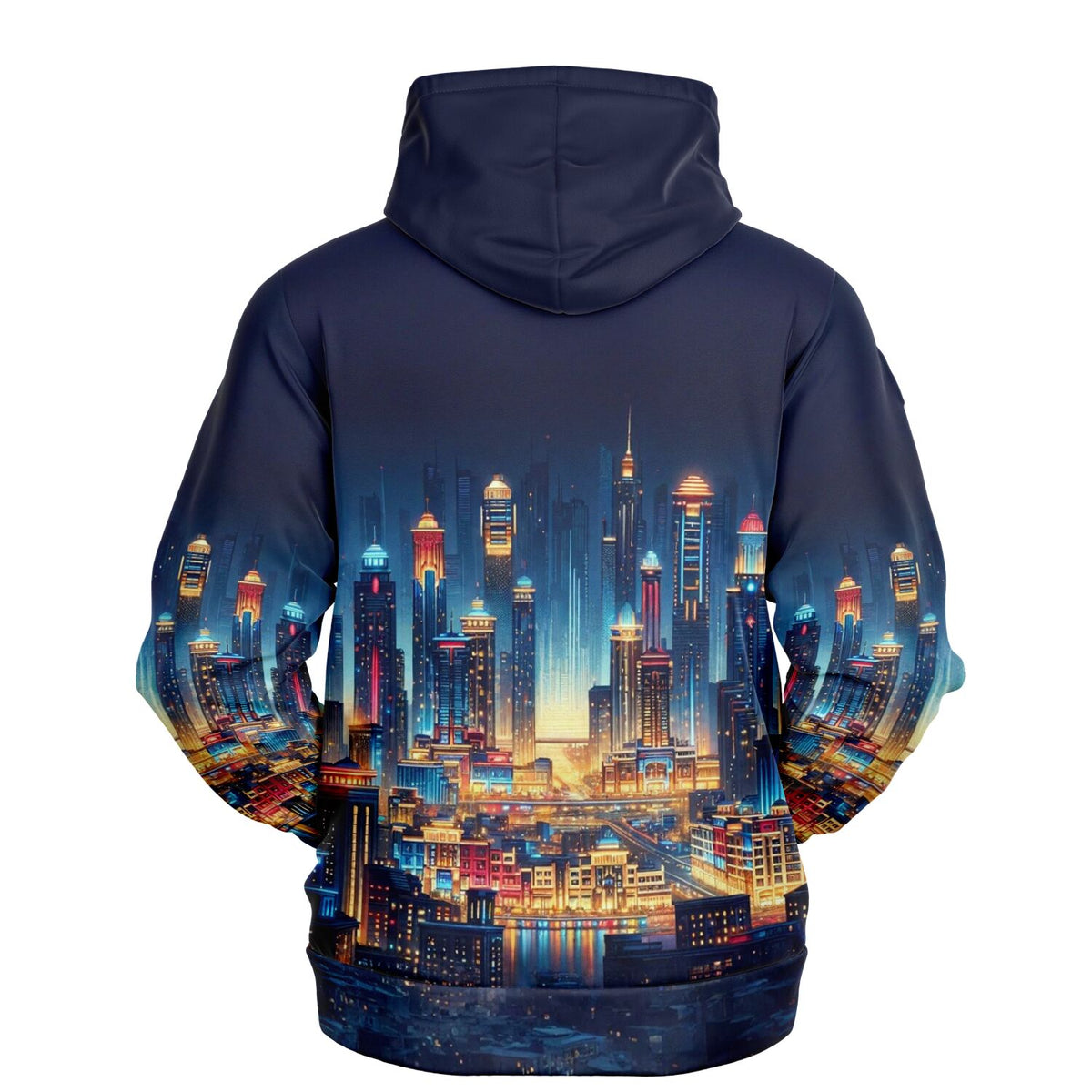 Dunkelblauer Hoodie mit leuchtendem Stadt der Lichter Motiv im Stil von Malen nach Zahlen und Diamond Painting Kunstwerken