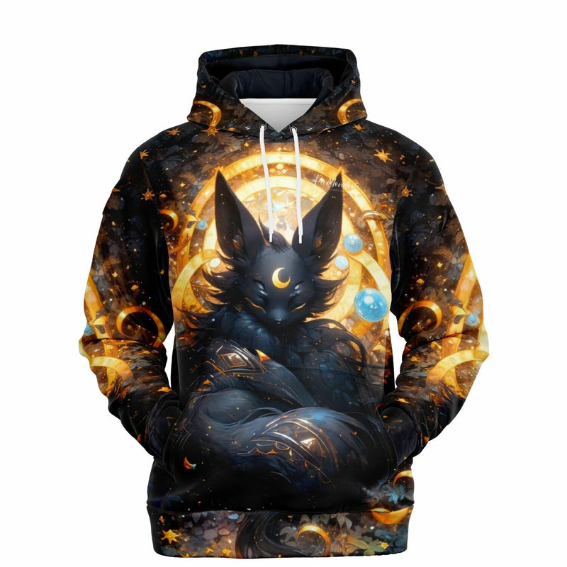 Dreamer Hoodie mit mystischem Nachtwesen Motiv, AOP-Design mit goldenen Mond-Elementen und Sternenoptik